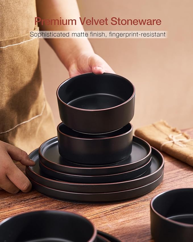 Famiware Nebula Ridge 18-Piece Stoneware Dinnerware Set, Matte Black | Plates and Bowls for 6, Warm Hand-Painted Rims, Microwave and Dishwasher Safe, Daily Essentials