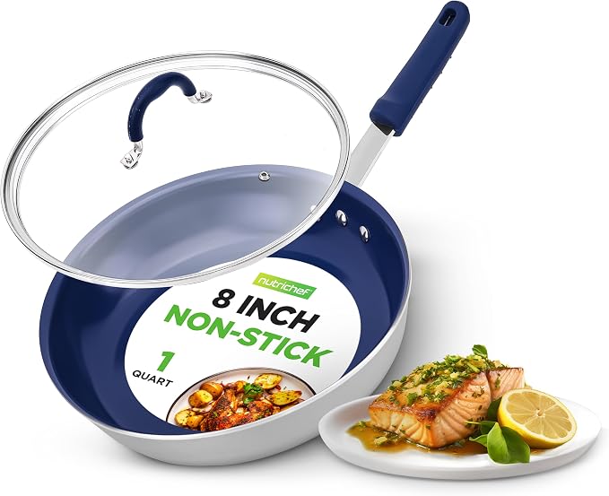 NutriChef 8" Fry Pan With Lid - Small Skillet Nonstick Frying Pan With Lid, Silicone Handle, Ceramic Coating, Blue Silicone Handle, Stain-Resistant And Easy To Clean, Professional Home Cookware