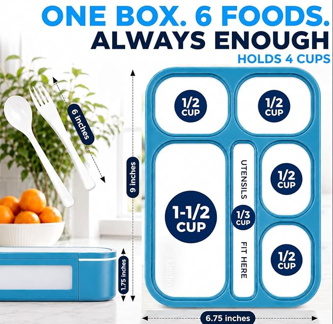 Bento Box Lunch-Box for Kids Adults, Snackle Box Snack Containers for Toddlers Daycare, Leakproof School Bentobox, 6 Section Meal Container for Boys Girls Women Lunches, BPA Free Utensils, Blue