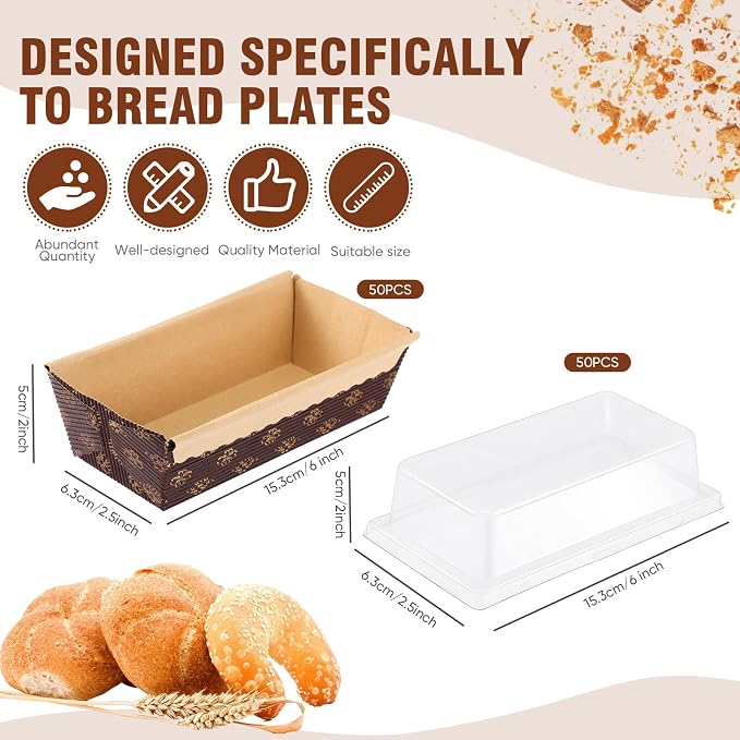 50 Pcs Paper Baking Loaf Pan with Lids Disposable Paper Pans Mold for Christmas Winter Birthday Cake Bread Bakery Holiday Gifts(5.91 x 2.48 x 1.94 Inches)