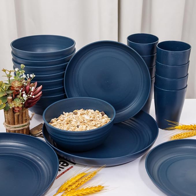 32PCS Blue Wheat Straw Dinnerware Sets for 8 Camper Plates | Unbreakable Midnight Blue Wheat straw Tableware Set,Lightweight Reusable Plastic Dishes for Camping,Party and Everyday Meals