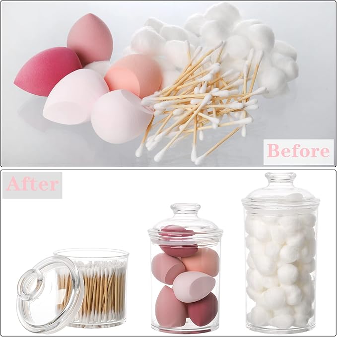Lyellfe 3 Pack Acrylic Apothecary Jars, Vanity Canister with Airtight Lid | Bathroom Cotton Swab Holder, Clear Storage Jar for Candy, Bath Salt, Cotton Ball, 34 oz, 25 oz, 17 oz