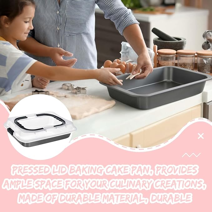 Qinyoung 1 Pcs Black Gray Cake Pan with Lid and Handle, 9 X 13 Inch | Non-stick, Rectangle Sheet Cake Pan, Covered Carrier, Brownie Roasting, Cooking, Baking