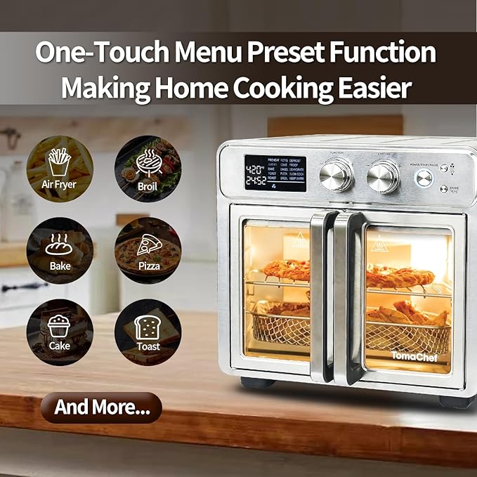 TomaChef 26QT French Door Air Fryer Oven Combo, 15-in-1 | 15 Cooking Functions and Digital Controls, 30 Recipes & 5 Accessories, Stainless Steel Finish