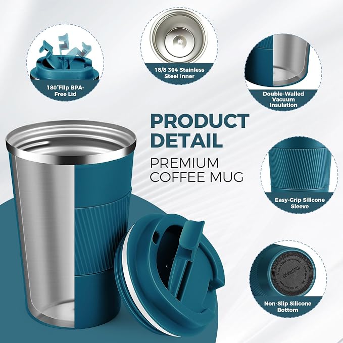 Volhoply 13 oz Stainless Steel Insulated Travel Coffee Mug with Fip Lid Bulk 2 Pack,Reusable Double Wall Vacuum Metal Coffee Cup,Portable Leak Proof Thermal Tumbler for Hot & Cold Drinks(Bule,2)