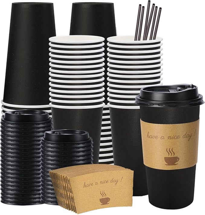 BYSNOW 20 oz 50 pack Disposable Paper Coffee Cups with Lids To Go Cups | Paper To Go Cups with Lids, Sleeves and Stirring Sticks, Hot Paper Cups for Home, Office and Party (Black 20oz)
