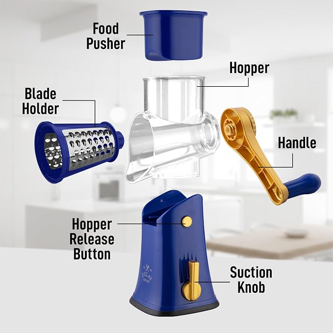Zulay Kitchen Rotary Cheese Grater 5 Blade Cheese Shredder - Manual Hand Crank Cheese Grater With Reinforced Suction & 5 Interchangeable Drums - Easy to Use, Vegetable Chopper Round Mandoline Slicer