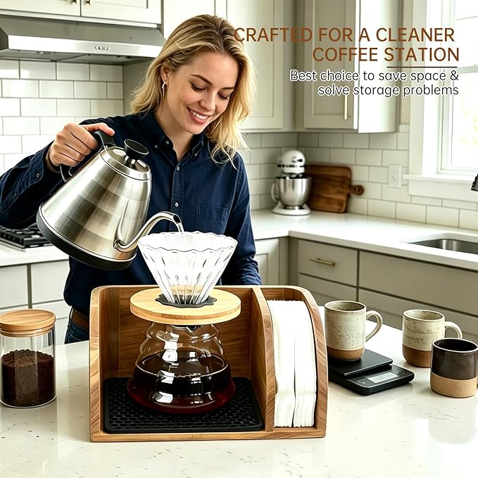 Acacia Coffee Caddy Station Organizer Stand for Chemex Pour Over Maker | Wood Coffee Filter Holder Storage for Countertop, Coffee Bar for Pour Over Chemex Bodum Cosori Coffee Maker with Dripper Mat