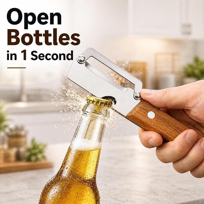 Multifunctional Vegetable Peeler with Wooden Handle, 2-in-1 Stainless Steel Peeler with Built-in Bottle Opener, Ergonomic Peelers for Kitchen, Sharp Vegetable Peeler for Potato, Carrot & Fruit(1)