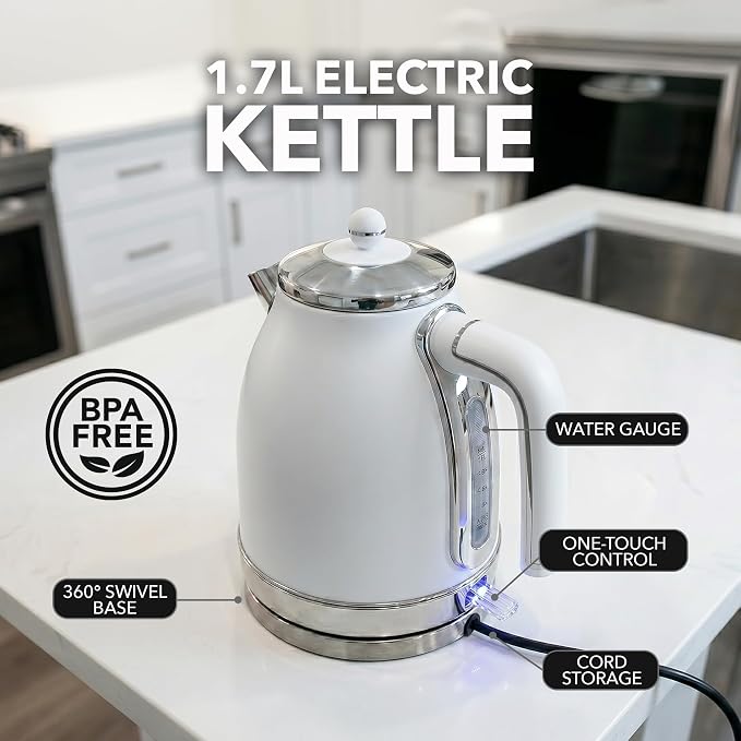 OVENTE 1.7L Stainless Steel Electric Kettle, 1500W Power, White KS777W | Fast Boiling Heater, BPA Free, Cordless Body Design, Auto Shut-Off, Boil-Dry Protection, Indicator Light and Removable Filter