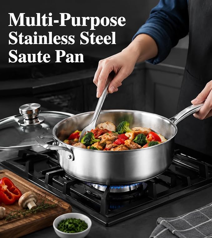 Toutrop Saute Pan,Frynig Pan with Lid,Stainless Steel Cookware,Skillet,Dishwasher and Oven Safe, Works on All Cooktops,Stainless Steel,3QT