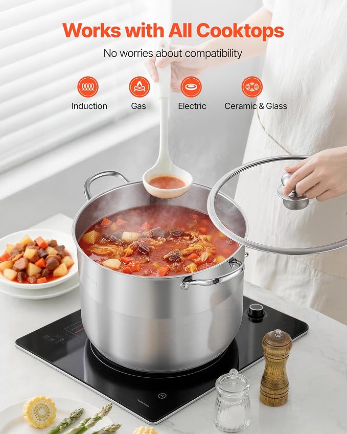 VEVOR Stainless Steel Stock Pot, 16QT Stainless Steel Stockpot with Glass Lid, PFOA-Free, PFAS-Free, Compatible with Gas Stoves, Induction Cooktops, Electric Stoves, for Soups, Stews, and Pasta