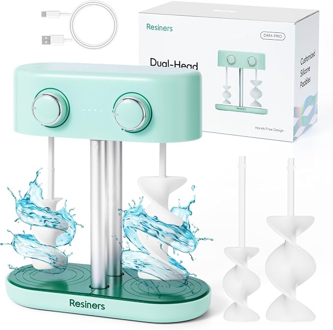 Resiners Dual-Head Resin Mixer, Airflow Pro Max Rechargeable Epoxy Mixer | Dual-Head Mixing, Rechargeable Battery and Stepless Speed Control for Smooth, Low-Bubble Resin and Paint Mixing