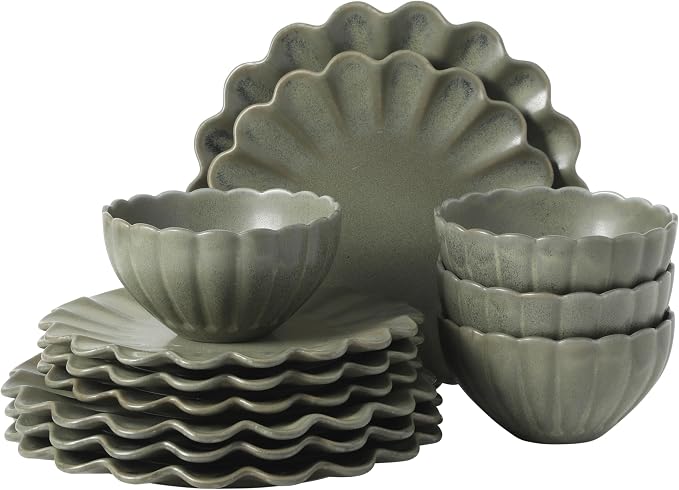 Gibson Elite Bistro Fleur Plates and Bowls Sets, 12-Piece Stoneware Dinnerware Set for 4, Matte Green Scalloped Dish Set with Dinner Plates, Salad Plates & Bowls