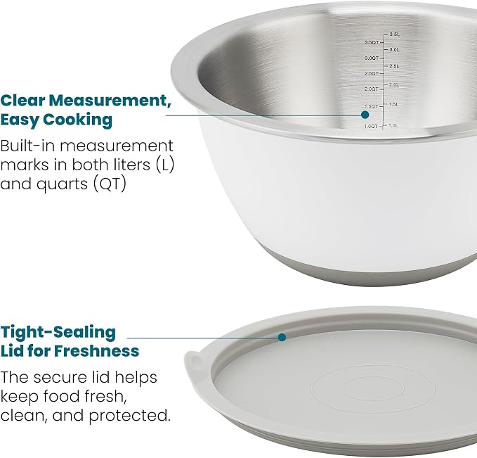 18/8 Stainless Steel Mixing Bowls Set with Lids,1.5,3 & 5 Qt,White | Non-Slip Silicone Base & Measurement Marks, Airtight Food Storage for Baking, Cooking & Meal Prep，Nesting Design