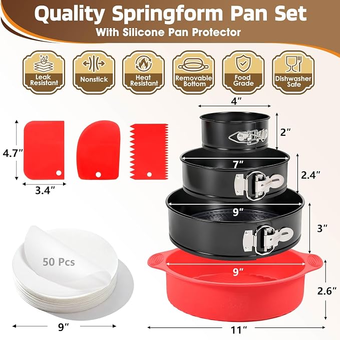 MASSUGAR 4 7 9 Inch Springform Pan Cheesecake Pan with Silicone Protector, 50 Pcs Parchment Paper Liners, 3 Cake Scrapers, Leakproof Round Cake Pan for Baking in Water Bath Nonstick Spring Form Pan