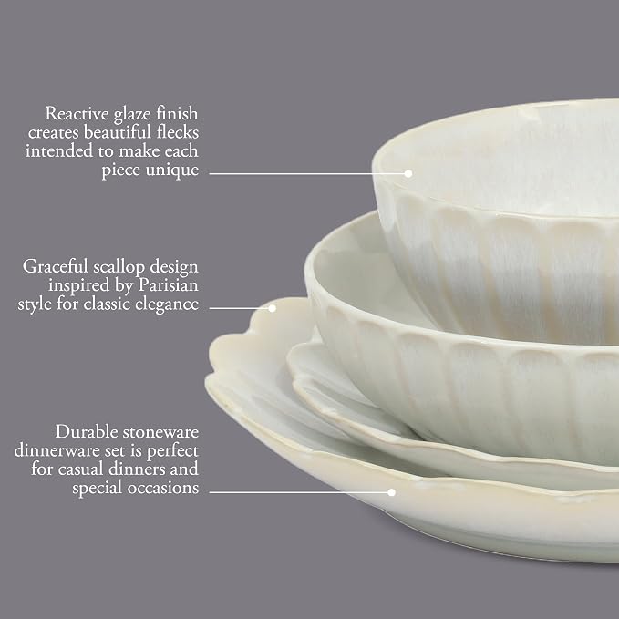 Gibson Elite Malibu Shore 16 Piece Scallop Stoneware Reactive Glaze (Service for 4) Ceramic Plates and Bowls Dinnerware Set - Shiny Cream White