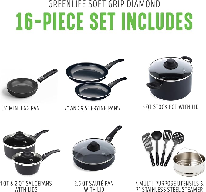 GreenLife 16 Piece Ceramic Nonstick Pots & Pans Cookware Set, Black | PFAS-Free Nonstick Coating, Stockpot, Frying Pans, Saucepans, Sauté Pan, Stay-Cool Handles, Dishwasher & Oven Safe up to 350F