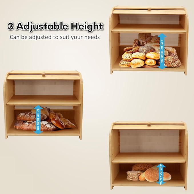 Bread Box for Kitchen Countertop, Double Layer Bamboo Bread Storage Container for Homemade Bread, Roll Top Bread Box with 3 Adjustable Height for Kitchen Counter, Natural Breadbox Organizer | 3 Adjustable Height, Large Capacity, Bamboo Bread Storage Co...