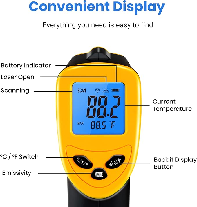 Etekcity Infrared Thermometer Laser Temperature Gun, -58°F~1130°F | Cooking, Pizza Oven, BBQ, Meat, Kitchen, Reptile, HVAC, Adjustable Emissivity, MAX Display, High Temperature
