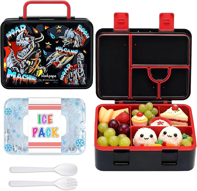 rockpapa Chill Bento Box for Kids- Large 5.5 Cups Lunch Box with Ice Pack - 5 Compartments, BPA-Free, Leak Proof, with Utensils & Portable Handle, Microwave/Dishwasher Safe (Black Dinosaur)