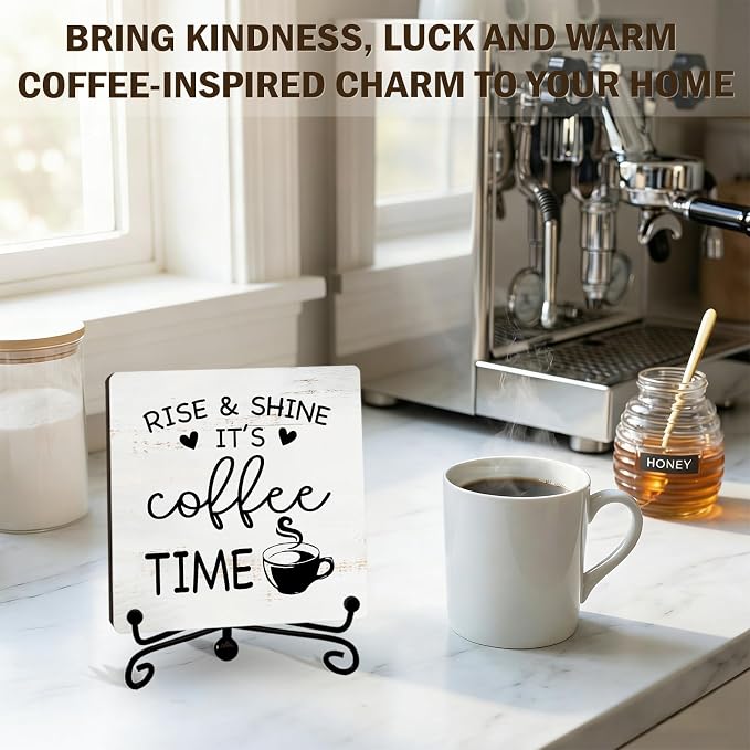 Minimalism Coffee Bar Decor, 5"x5" Coffee Bar Sign | Rise & Shine It's Coffee Time Wood Plaque with Stand | Farmhouse Gift for Home Kitchen Tabletop Desk - A07