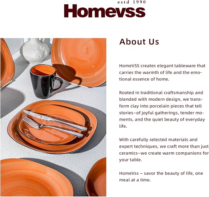 Stoneware Square 16pc Dinnerware Set, Inside Spinwash Swirl Orange + Outside Black