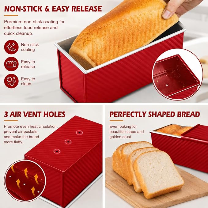 Bread Loaf Pan with Lid-2Pack, 2.2LB & 1LB | Food-Grade Nonstick Coating, Easy Release, Perfect Loaf Shape, Corrugated Design, Oven Safe up to 450°F