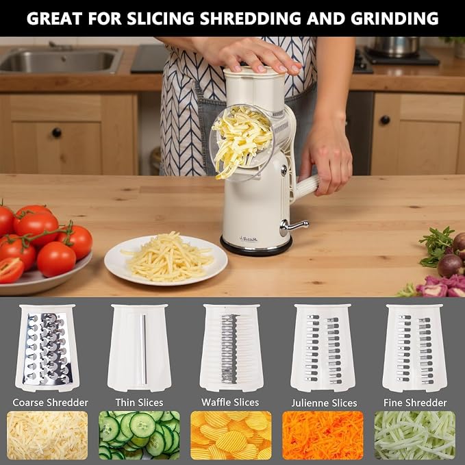 Rotary Cheese Grater with Handle, 5-Blade Cheese Shredder, BPA-Free (White) | Cheese Grater Hand Crank Slices, Shreds & Grates – Features Strong Suction Base, Stainless-Steel Blades & Easy Clean-Up