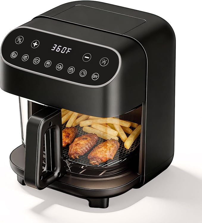 5 QT Glass Air Fryer, Non Toxic Airfryer with Digital Touch Control | 8 Preset Modes, PTFE/PFAS Free, BPA-Free, Uncoated High Borosilicate Glass Basket, Dishwasher Safe, Black