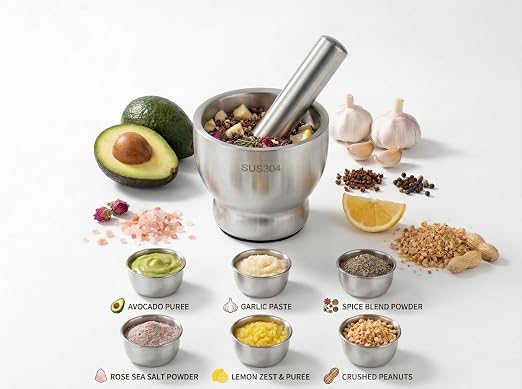 304 Stainless Steel Mortar and Pestle Set with Splash Guard Lid