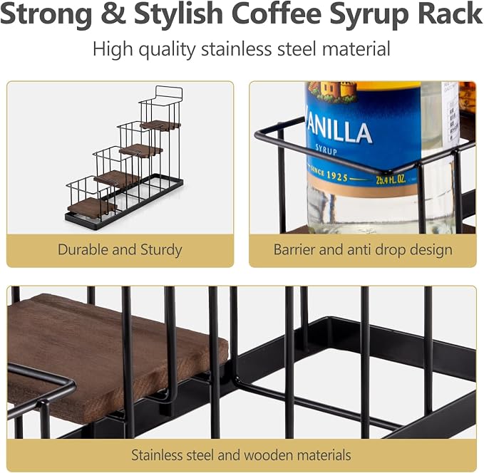 Coffee Syrup Rack Organizer, with Rustic Wood Holder Coffee Station Bar Accessory for Syrup, Wine, Dressing Bottle Countertop Display Storage Stand for Kitchen with Basket and Hooks Holds 4 Bottles