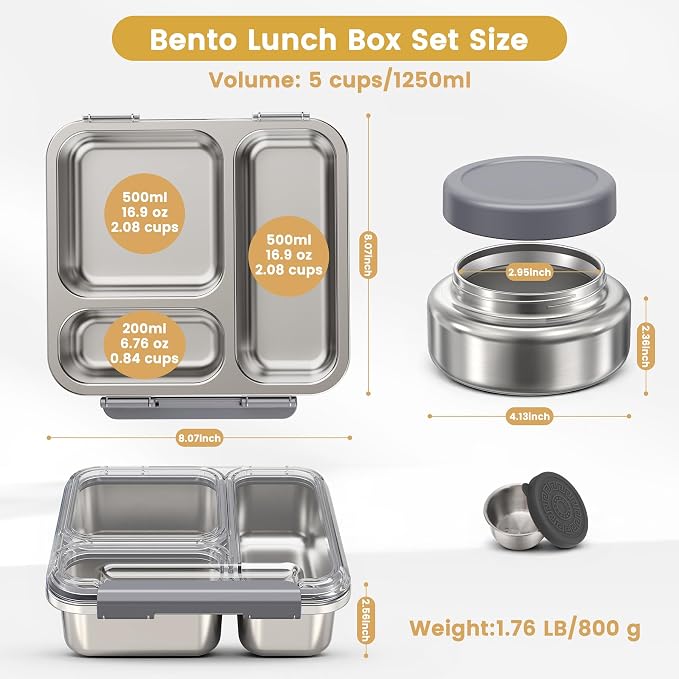 Stainless Steel Bento Box Kids Adult with 7oz Soup Thermo, Transparent Lid 3 Compartments Metal Bento Lunch Box with Insulated Food Jar,Lunch Box Container Sauce Cup for School,BPA-Free(Grey)