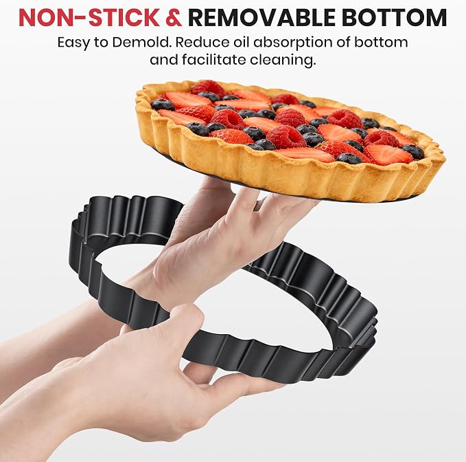 New 9 Inch Tart Pan with Removable Bottom,Non-Stick Carbon Steel Quiche Pan | Includes Crust Shaper Ring | Fluted Pie Pan Quiche Baking Dish Fruit Tart Mold for Baking, Party, Festival | Pies & Quiches