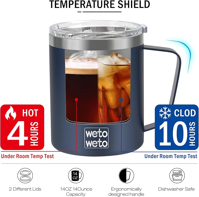 WETOWETO 14 oz Coffee Mug, Vacuum Insulated Camping Mug with Lid, Double Wall Stainless Steel Travel Tumbler Cup, Coffee Mugs Outdoor, Navy Blue & Black 2 Packs