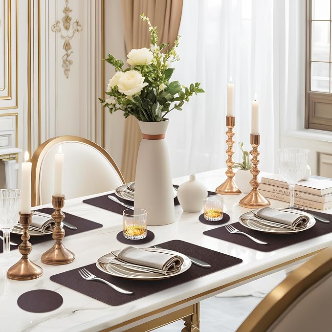 Faux Leather Placemats Set of 6 Waterproof Table Mats with Coaster | 17×12 In Heat Resistant Place Mats Set of 6 Wipebale & Washable Table Placemats for Kitchen Dining Indoor & Outdoor Brown