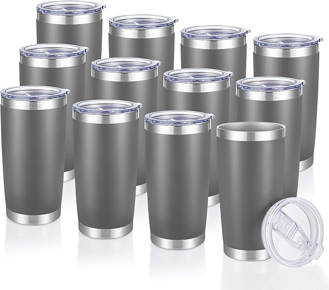 20 oz Tumblers Bulk Stainless Steel Tumbler with Lid, 12 Pack | Gray, 20oz Insulated Coffee Mug, Double Wall Vacuum, Powder Coated Cup, for Hot and Cold Drinks
