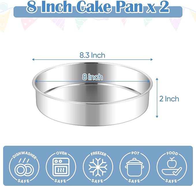 E-far 8 Inch Cake Pan Set of 2, Stainless Steel Round Baking Pans Tins Mold | Non-Toxic & Leak-Proof for Birthday Wedding Layer Tiered Cake, Easy Clean & Dishwasher Safe