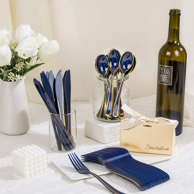 180PCS Blue Plastic Silverware -Blue and Gold Plastic Cutlery 60 Forks, 60 Knives, 60 Spoons - Heavy Duty Disposable Silverware for Party/Wedding/Birthday