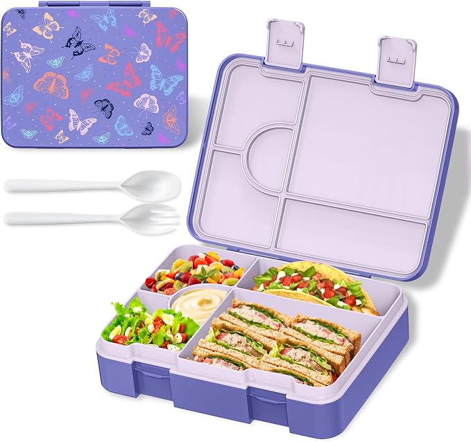 Bento Lunch Box for Kids, Leak-Proof 5-Compartment Cute Lunchbox for Boys Girls, Drop-Proof, Food Container Microwave & Dishwasher Safe, Back to School Supplies for Ages 3 to 7, Purple/Butterfly
