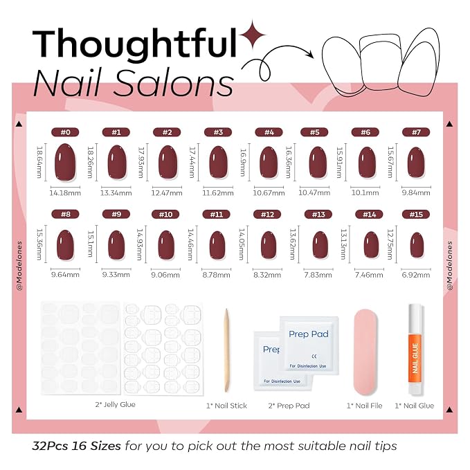 modelones Rosewood Short Press on Nails, Oval Fake Nails Kit | Press Ons with Nail Glue, Adhesive Tabs, Nail File, Prep Pad, Manicure Stick, 32Pcs 16 Sizes, Summer Women Girl Gift