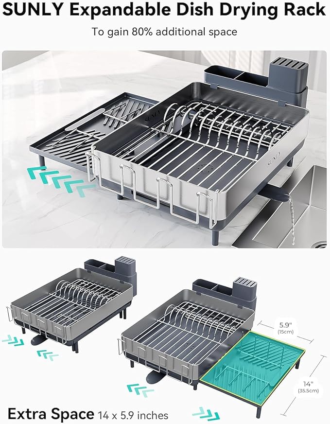 Large Dish Drying Rack, Expandable Dish Racks for Kitchen Counter, Space Saving 304 Stainless Steel Drying Rack Kitchen, Extra Large Drainer with Multifunctional Flip Up Pegs, Gray
