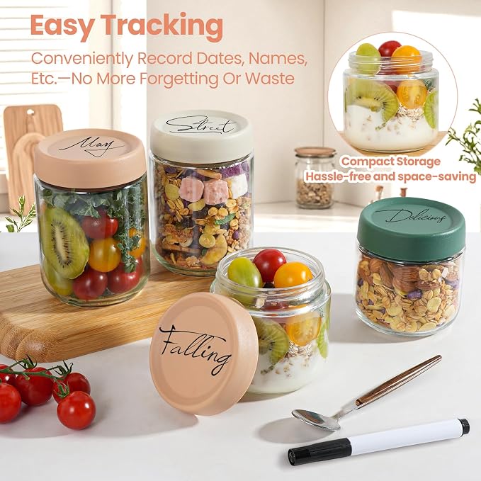 12Pack Overnight Oats Containers with Lids, 16oz, 8oz & 4oz Glass Jars with Airtight Lids, Wide mouth Mason Salad jars, Glass Food Storage Containers for Yogurt Chia Pudding Snacks Cereal & Spices