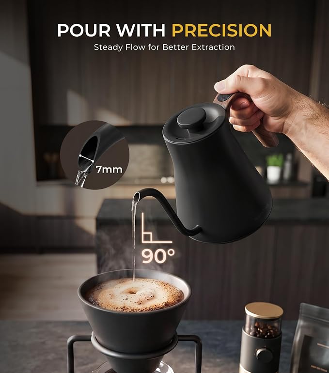Epeios Gooseneck Electric Kettle with Temp Control,1200W,0.9L,Black Walnut | Rapid Heating, for Pour Over Coffee & Tea,Hot water Boiler,Brew Timer, 304 Stainless Steel Interior, Auto Shut-Off