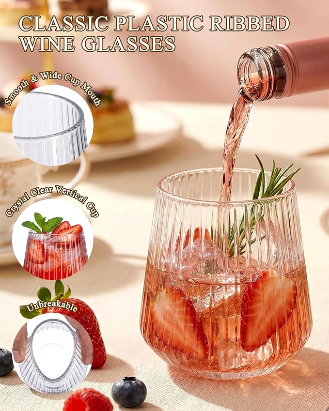 Ciaell 30 Pack Plastic Wine Glasses for Weddings Outdoor Gatherings | 12 oz Ribbed Origami Stemless Wine Cups, Heavy Duty Plastic, Champagne Wine Cocktails Whiskey for Parties Bars Birthdays