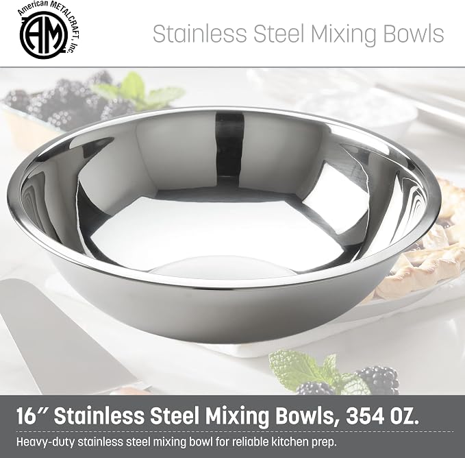 American Metalcraft 16" Stainless Steel Mixing Bowl - 13-Quart Durable Metal Bowls for Mixing, Large Stainless Steel Bowl