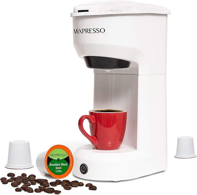 Mixpresso Single Serve Coffee Maker K Cup Coffee Maker for K Pods & Grounds | Compact 800W White Coffee Machine with 14 Oz Water Tank, Fast Brew & Auto Shut-Off, Small Design for Travel RV, Office& Dorm
