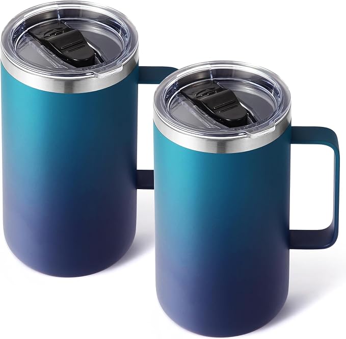 Volhoply 22oz Insulated Stainless Steel Coffee Mugs with Leakproof Lid Bulk 2 Pack,Double Wall Vacuum Travel Coffee Cup with Handle,Reusable Metal Tumbler,Camping Mug Keep Hot&Cold(Dark Night,2)