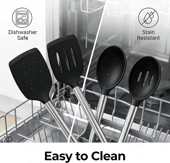 Vayvnt 4 Pieces Silicone Kitchen Utensils Set for Nonstick Cookware, Black | Spatula and Spoon Set, Heat Resistance, Non Toxic, Silicone Utensils for Cooking, Stainless Steel Handle, Dishwasher Safe