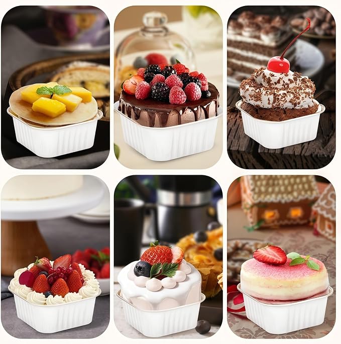 30Pack 5oz White Mini Cake Pans with Lids Baking Cups Aluminum Foil Pans Tins, Individual Dessert Cups Containers for Sales,Party,Picnics